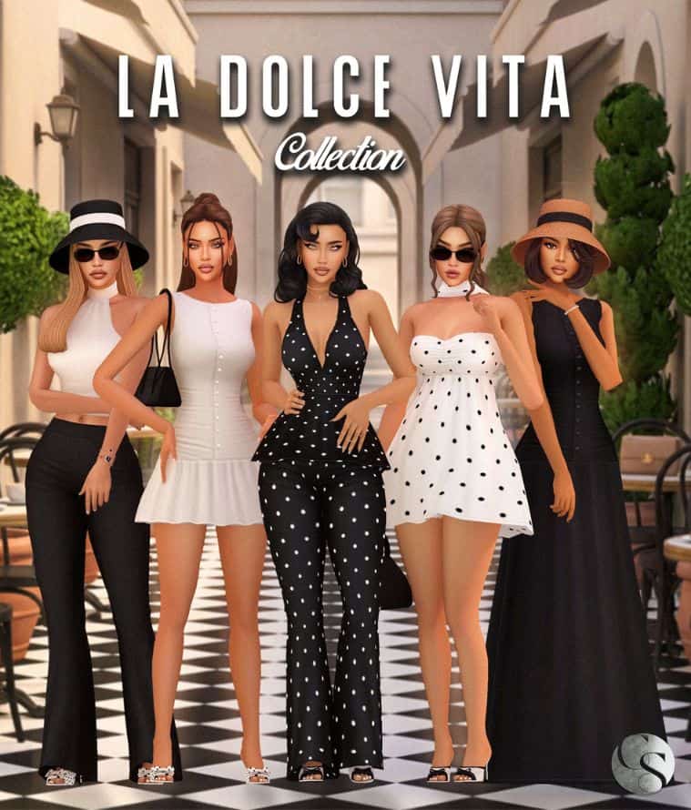 five female Sims dressed in chic Italian-inspired outfits