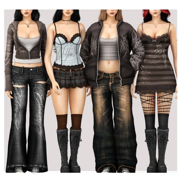 four female Sims dressed in dark Y2K clothing