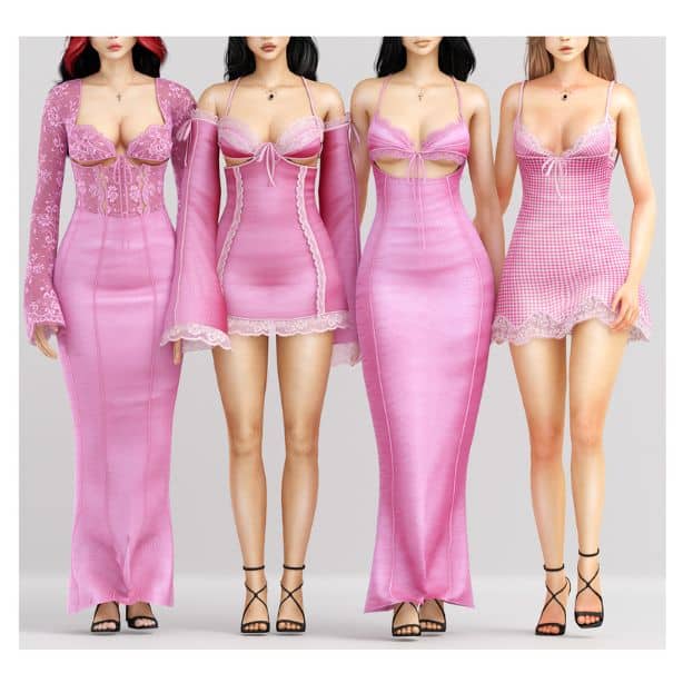 four female Sim wearing different pink dresses