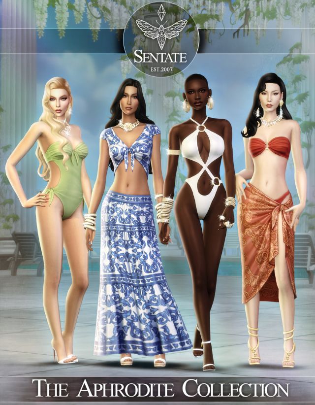 Female Sims wearing swimsuit, summer outfits and cover ups