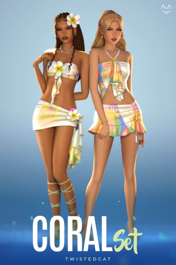 female Sims dressed in colorful tropical clothes