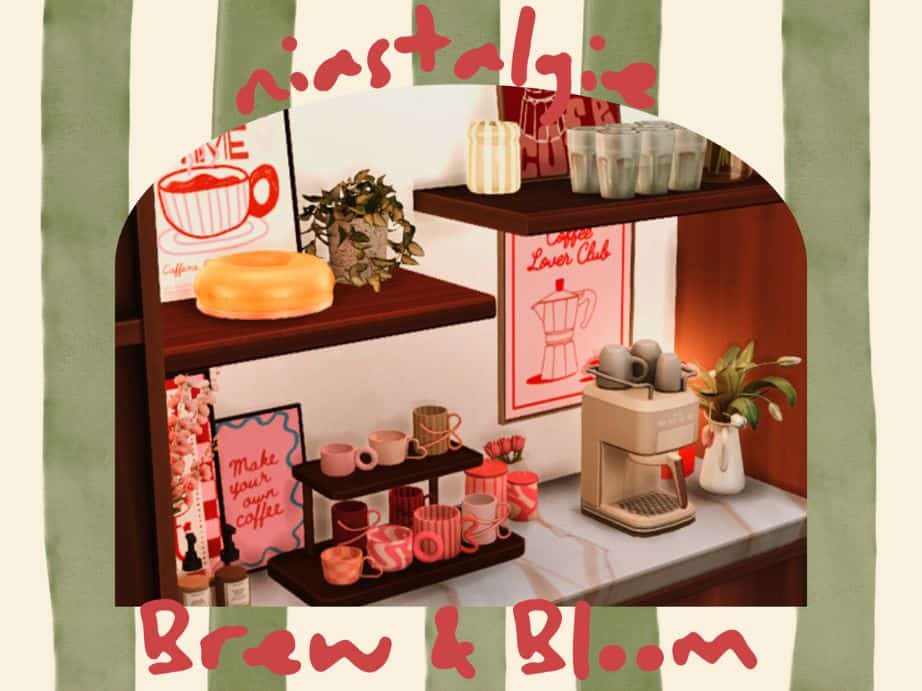 a coffee corner with mixed mugs and coffee-themed prints