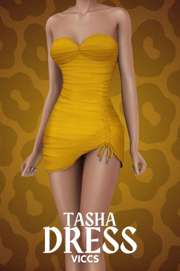 close up of a female Sim wearing a yellow, strapless dress