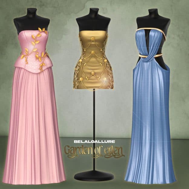 three nature-inspired dresses on mannequins