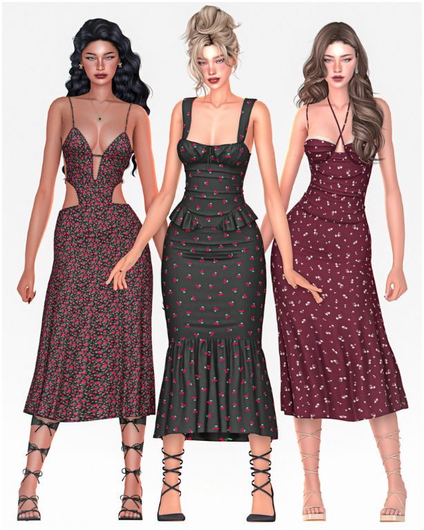 three female Sims wearing flirty floral dresses