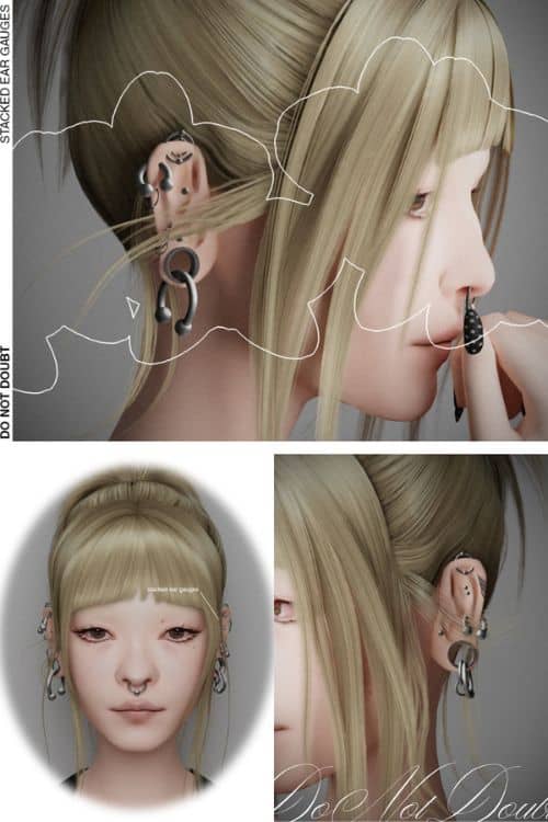 close up of a female Sims with stacked ear gauges