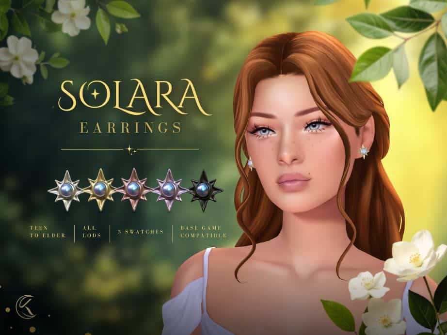 female Sim wearing 8-point star earrings