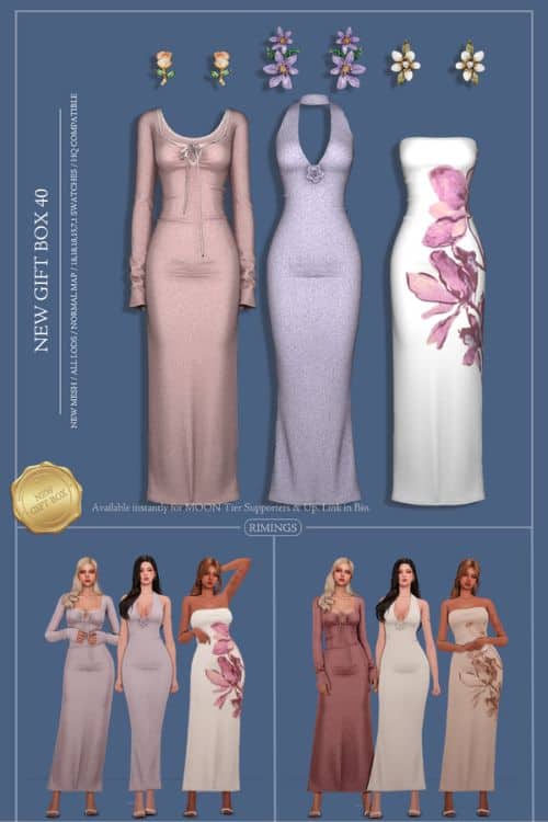 female Sims wearing long dresses with floral-inspired earrings