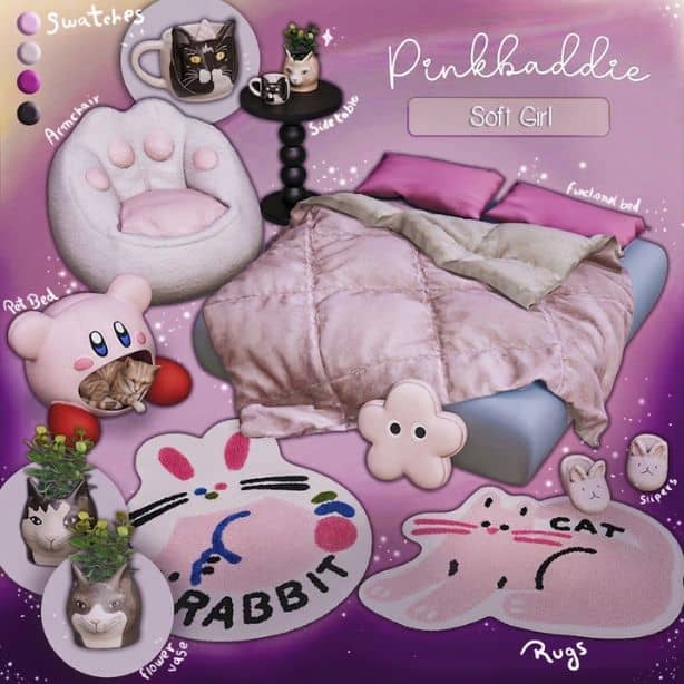 collage of purple and cat-themed bedroom furniture and accessories