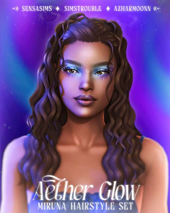 female Sim with a curly hairstyle, pigmented makeup and rhinestones
