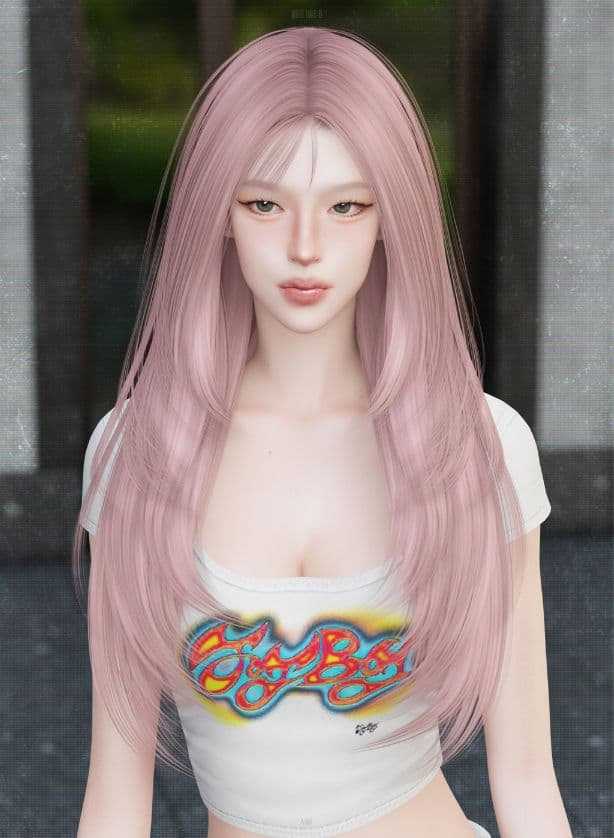 female Sim with light pink layered, long hair