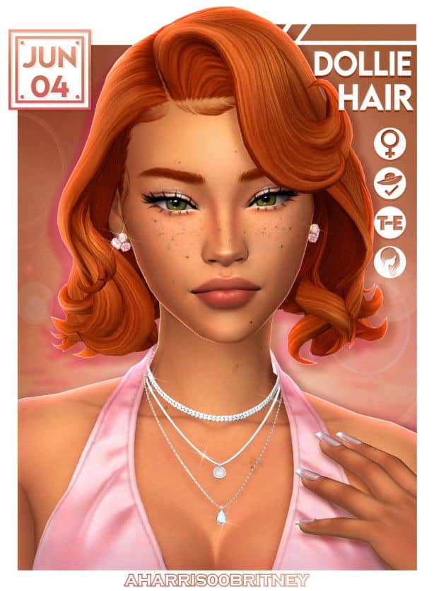 redhead female Sim with a short bob with curled ends and flipped bangs