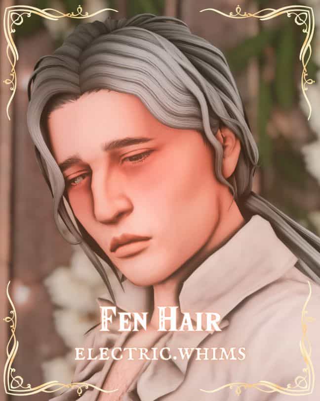 male Sim with a low ponytail and loose strands