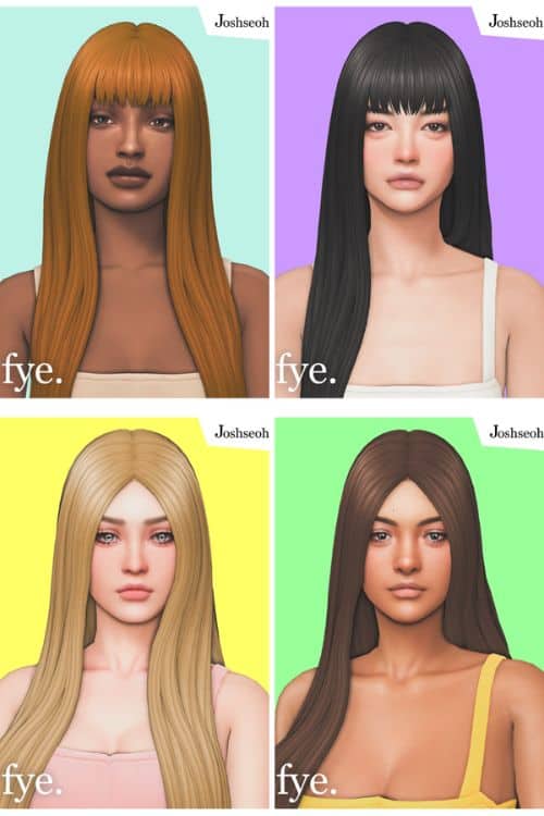 four female Sims modeling four variation of a long, smooth hairstyle