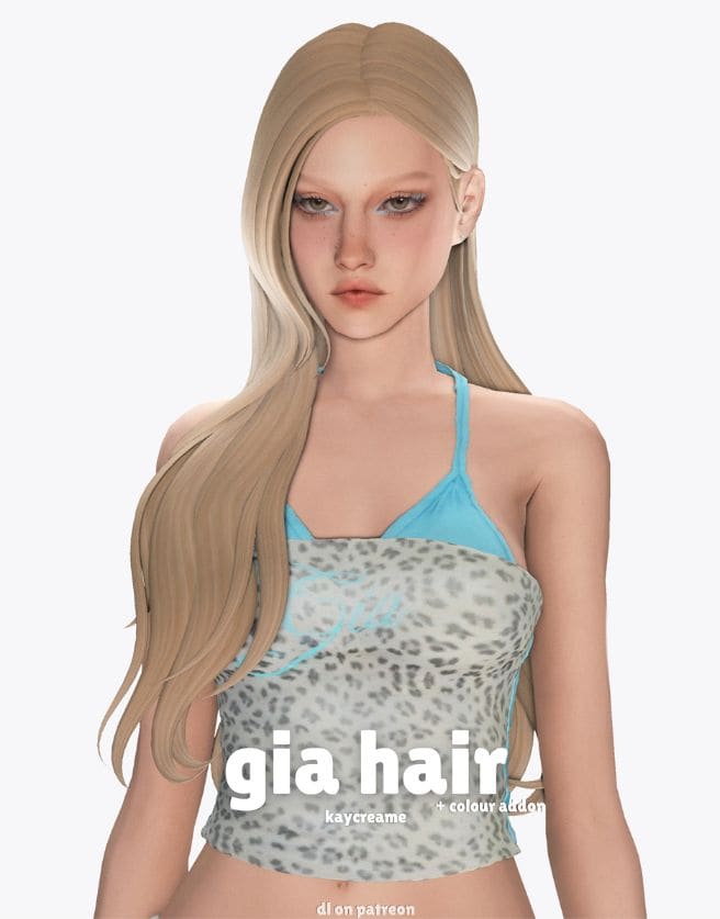 female Sim with long blond hair, styled partially over the shoulder