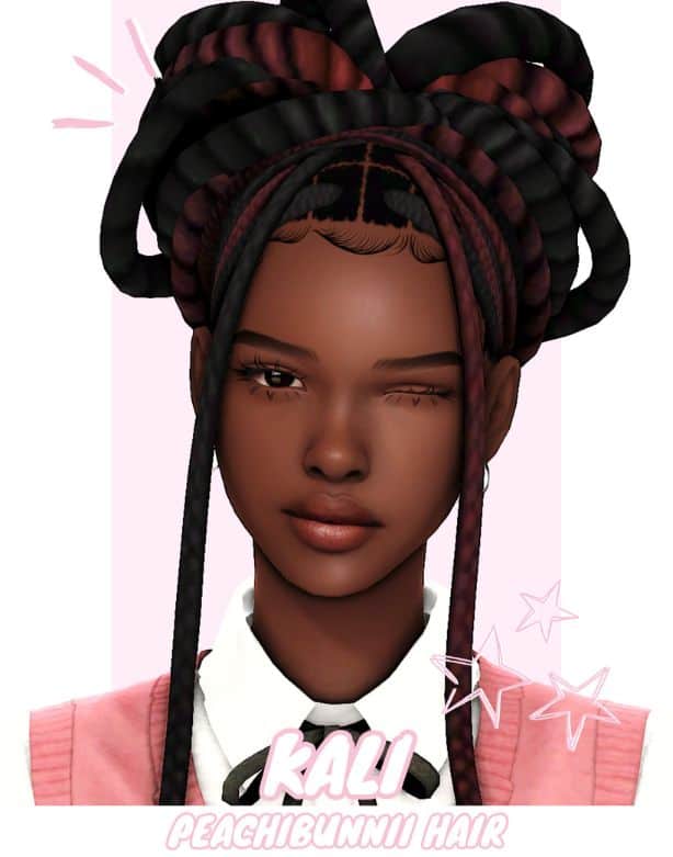 black female Sim with an updo locs hairstyle with two long locs down the front