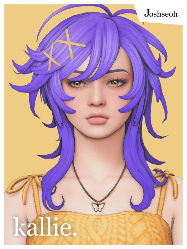 female Sim with a unique blue-purple layered hairstyle