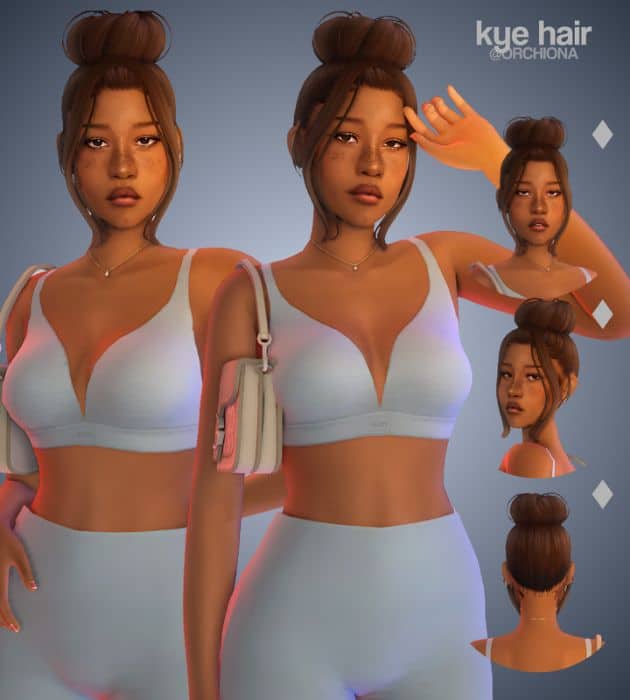 black female Sim with a high top bun hairstyle