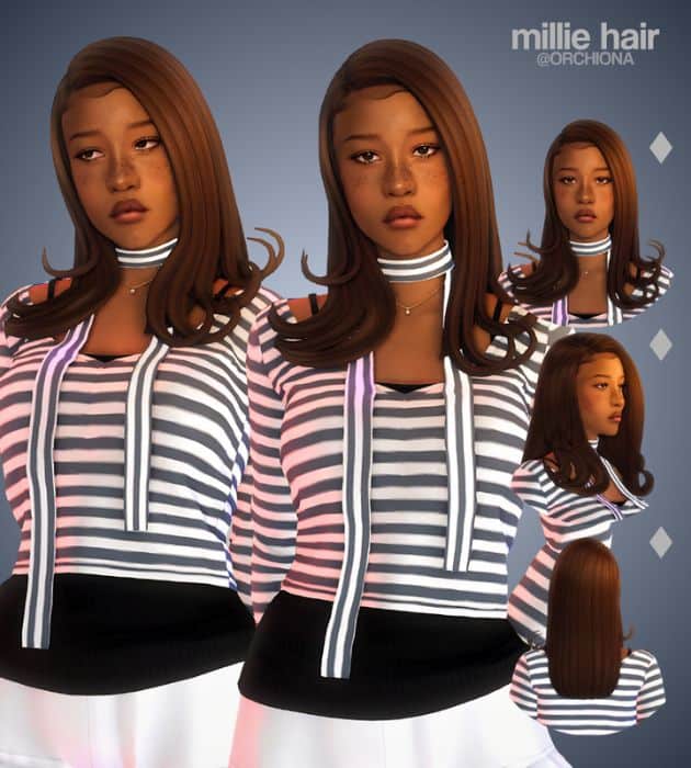 female Sim with medium-length smooth hairstyle with a deep side part