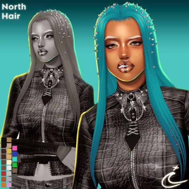 female Sim with long blue hair and spike accessories