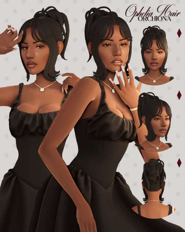 female Sim with a chic updo hairstyle bangs and long flowing strands