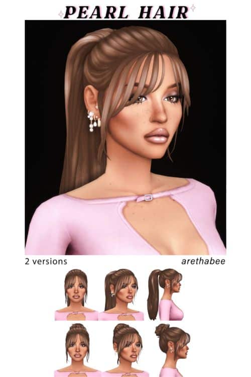 female Sim modeling a ponytail and bun hairstyle