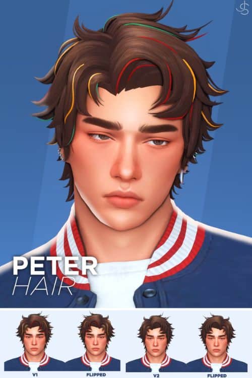 male Sim with a short, layered hairstyle with color streaks