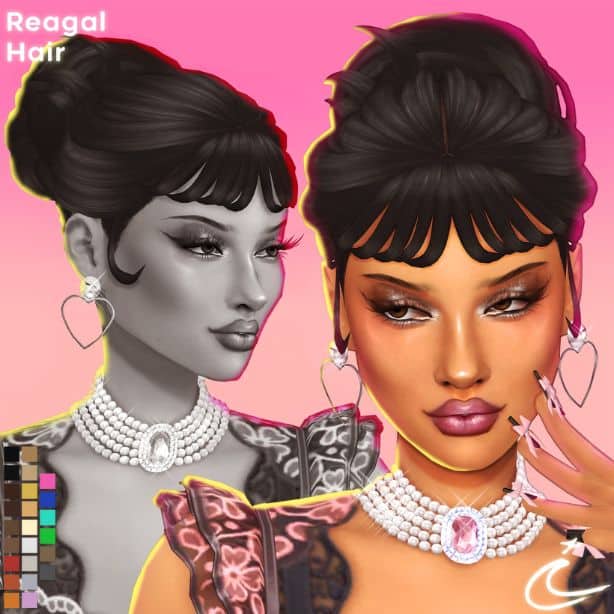 female Sim with a chic updo hairstyle with short bangs