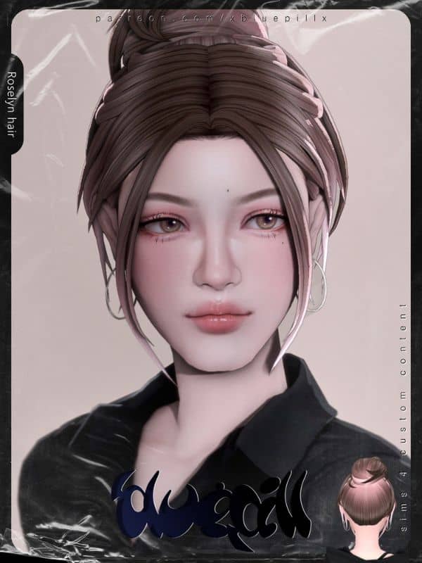 female Sim with a twisted high bun with loose strands
