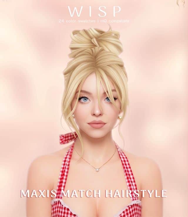 female Sim with a voluminous, slight messy updo hairstyle