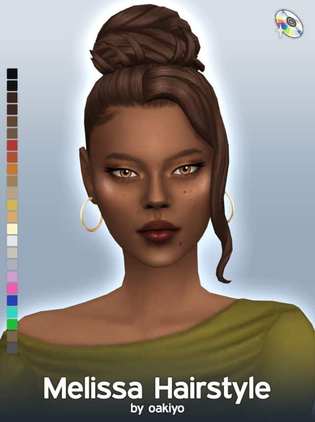 female Sim with a high top bun and a long loose front strand