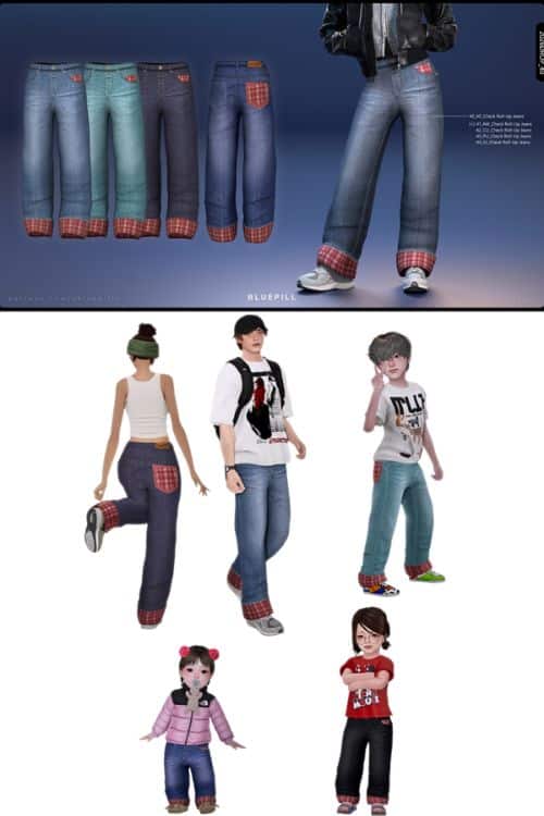 Sims family wearing jeans with checkered rolled up hems