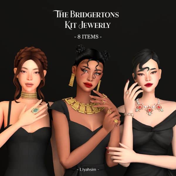 three female Sims wearing Bridgerton-inspired jewelry pieces
