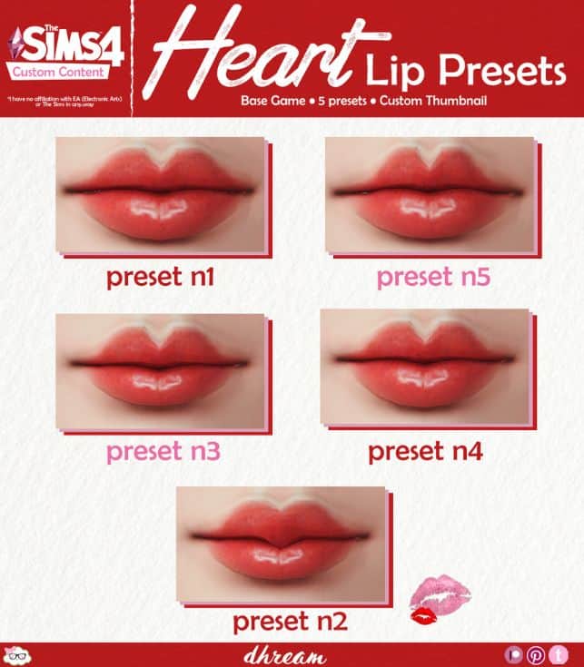 collage of five heart-shaped lip presets