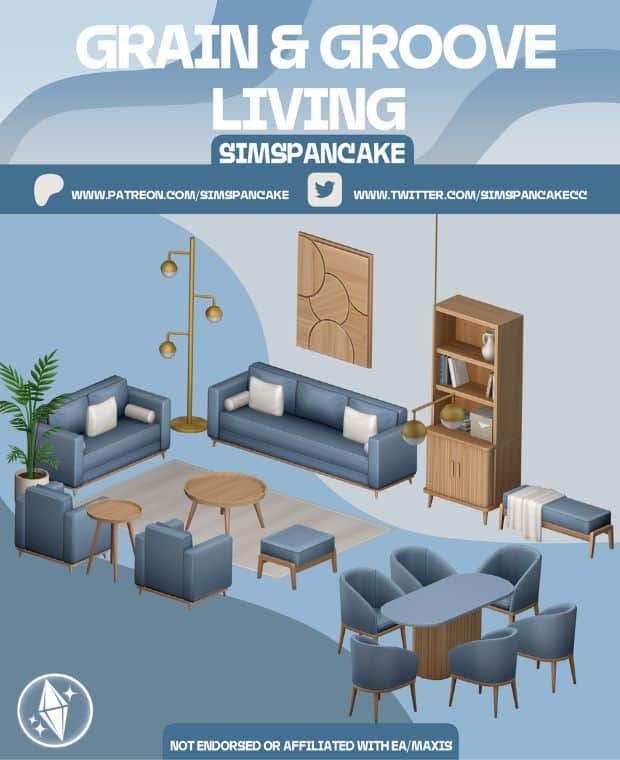 blue and wood living room and dining room furniture