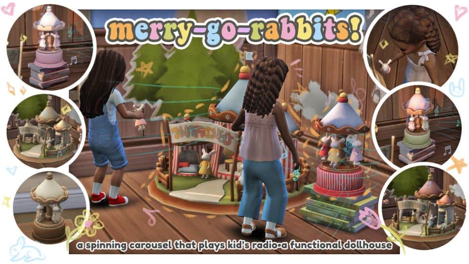 child sim playing with a carousel and dollhouse toys