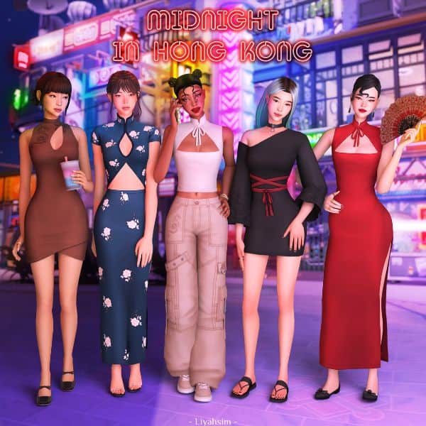 five female Sims wearing clothes inspired by modern Asian and contemporary fashion