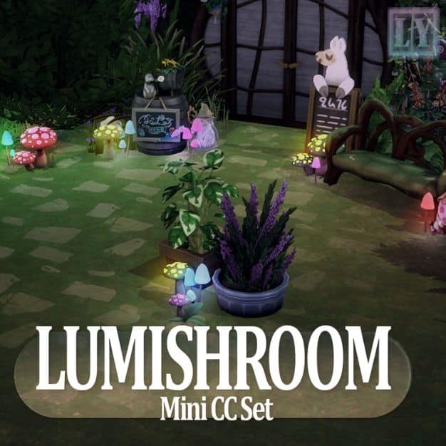 an outdoor space with luminescent mushrooms