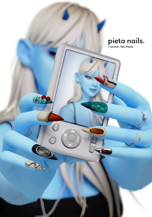 blue Sim with unique, abstract nails