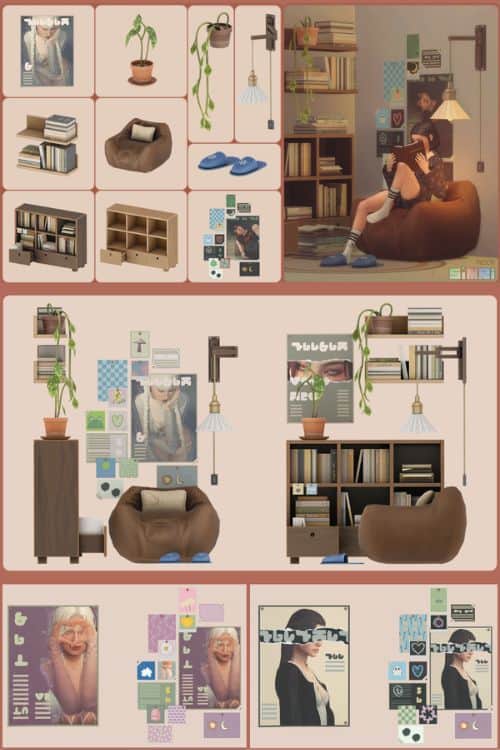 collage of a reading nook setup with furniture and decor
