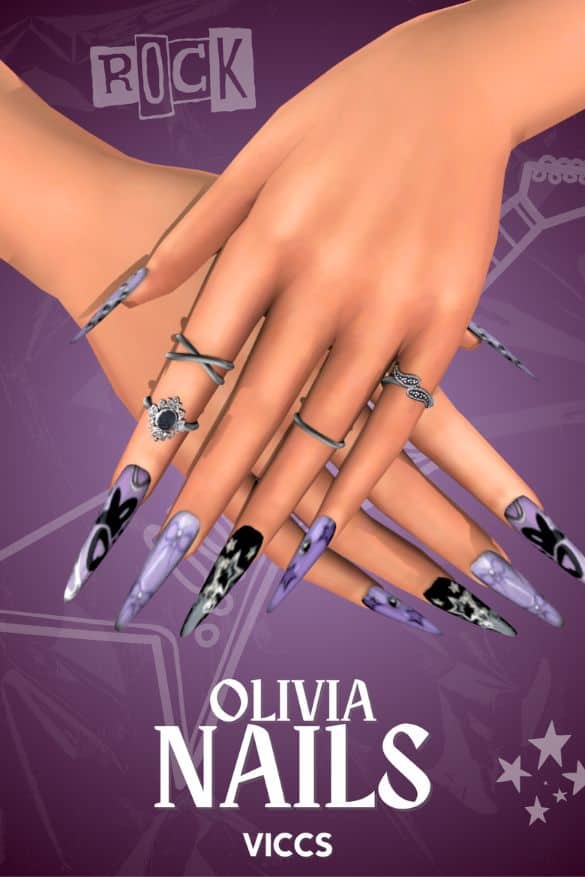 close up of long rock themed nails in black and purple tones