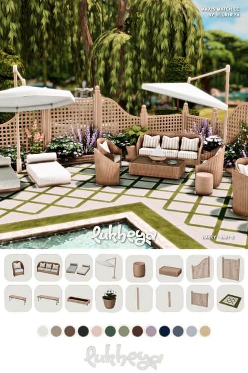 a chic and modern outdoor patio setup with a pool