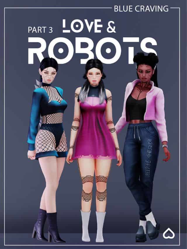 three female Sim dressed in edgy robots-inspired clothing and accessories