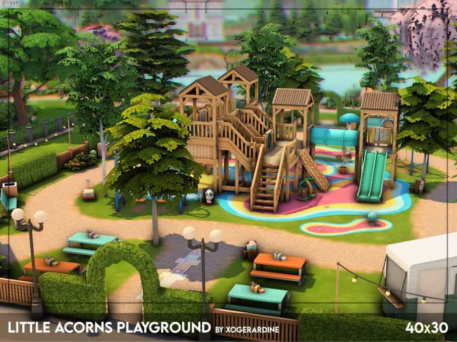 a large Sims 4 playground with slides and picnic tables