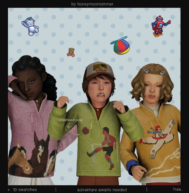 three child Sims wearing long-sleeve polo tops with graphics