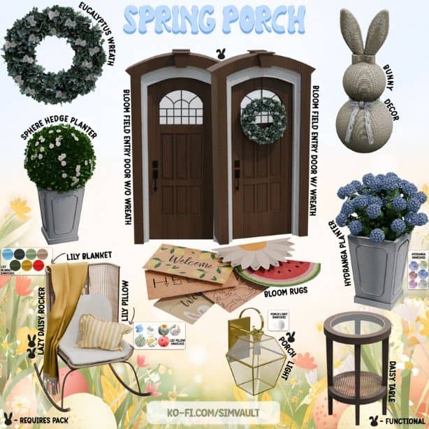 collage of spring-inspired build and buy CC pieces