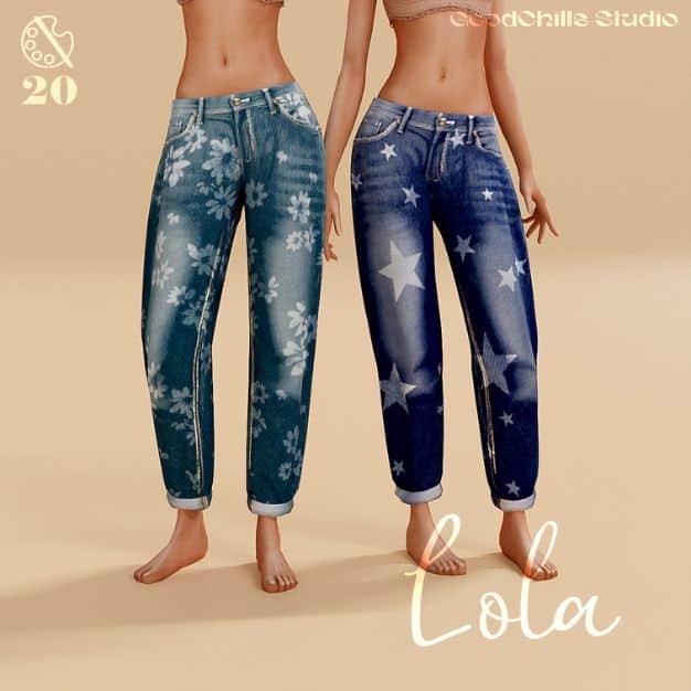 close up of Sims modeling printed barrel jeans