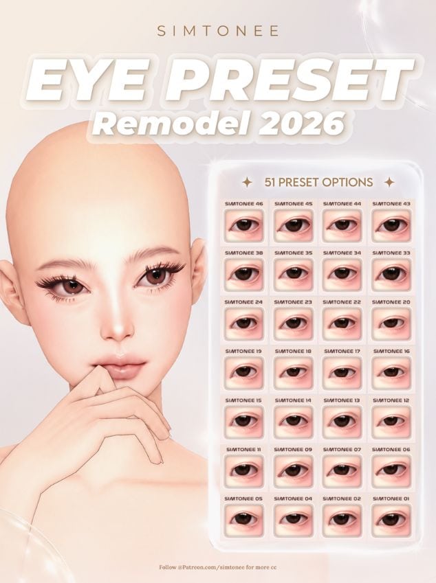 female Sim with an eye presets and more shapes shown in a table