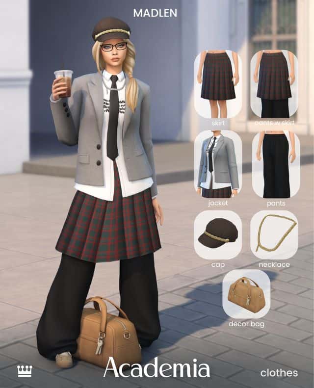 Female Sim wearing Academia-themed clothing set with plaid skirt, blazer, tie, wide-leg pants, cap, and decor bag
