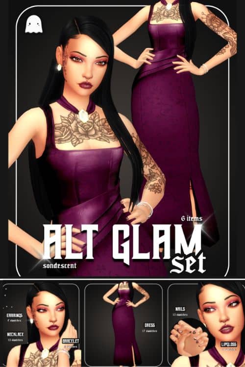 female Sim wearing a alt-inspired purple dress, mixed jewelry and nails with black bows